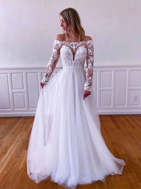 A-line Off-the-shoulder Sweep Train Tulle Appliques Lace Wedding Dresses #PDS00023790