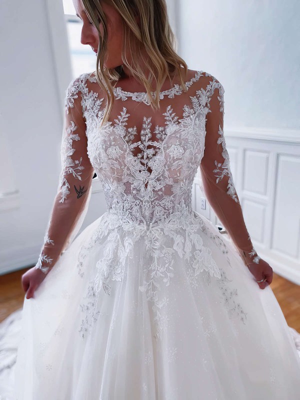 Ball Gown Scoop Neck Sweep Train Tulle Appliques Lace Wedding Dresses #PDS00023791