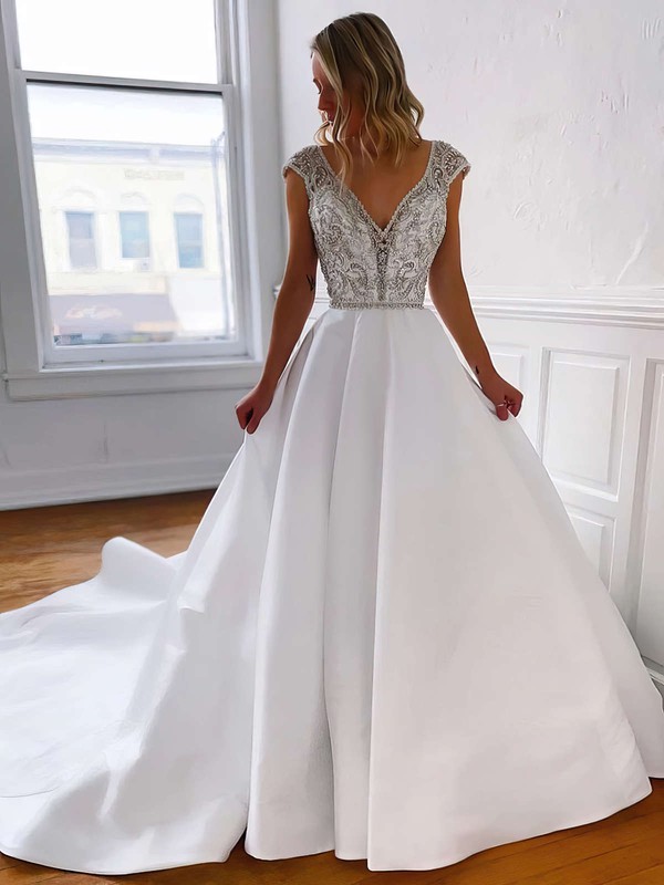 A-line V-neck Court Train Satin Beading Wedding Dresses #PDS00023794