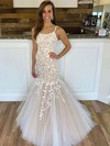 Trumpet/Mermaid Square Neckline Sweep Train Tulle Appliques Lace Wedding Dresses #PDS00023798