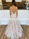 Trumpet/Mermaid Square Neckline Sweep Train Tulle Appliques Lace Wedding Dresses #PDS00023798