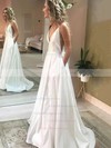 A-line V-neck Sweep Train Satin Pockets Wedding Dresses #PDS00023801