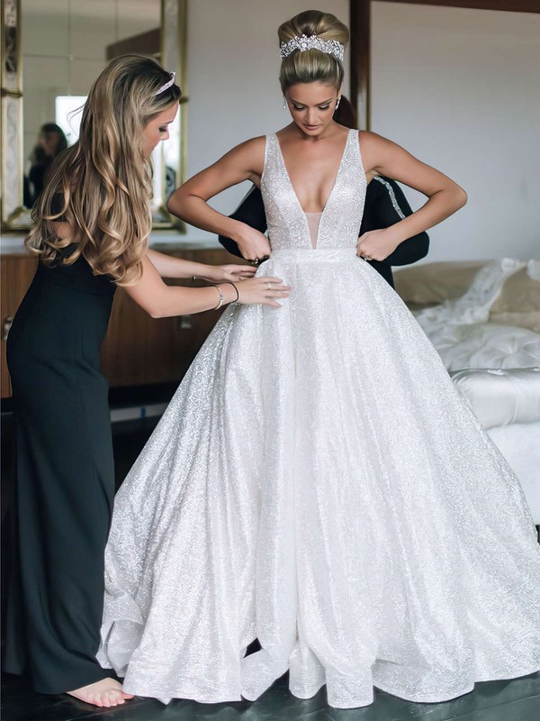 Ball Gown V-neck Court Train Glitter Beading Wedding Dresses #PDS00023806
