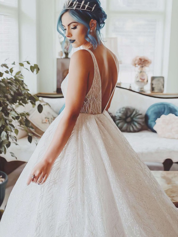 Ball Gown V-neck Court Train Glitter Wedding Dresses #PDS00023809