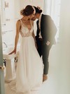 A-line V-neck Sweep Train Tulle Pearl Detailing Wedding Dresses #PDS00023811