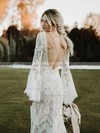 Sheath/Column V-neck Sweep Train Lace Wedding Dresses #PDS00023820