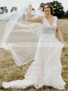 A-line V-neck Court Train Tulle Sashes / Ribbons Wedding Dresses #PDS00023827
