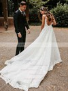 A-line V-neck Court Train Tulle Appliques Lace Wedding Dresses #PDS00023833