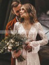 A-line V-neck Sweep Train Lace Sashes / Ribbons Wedding Dresses #PDS00023838