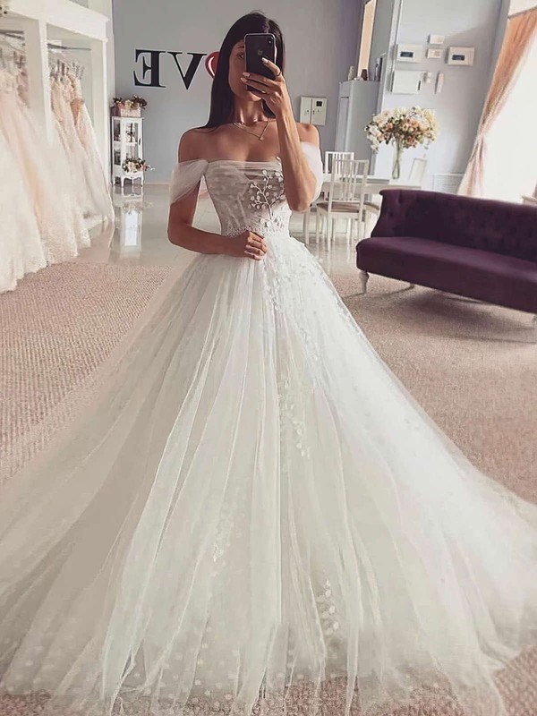 Ball Gown Off-the-shoulder Court Train Tulle Appliques Lace Wedding Dresses #PDS00023840