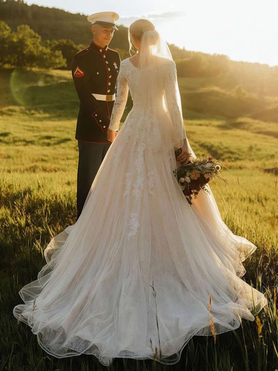 A-line V-neck Court Train Tulle Lace Wedding Dresses #PDS00023842