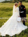 A-line V-neck Court Train Tulle Lace Wedding Dresses #PDS00023842