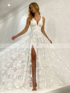 A-line V-neck Sweep Train Tulle Appliques Lace Wedding Dresses #PDS00023845