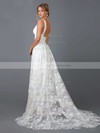 A-line V-neck Sweep Train Tulle Appliques Lace Wedding Dresses #PDS00023845