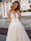 A-line V-neck Court Train Tulle Appliques Lace Wedding Dresses #PDS00023850