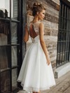 A-line Scoop Neck Tea-length Tulle Sashes / Ribbons Wedding Dresses #PDS00023851