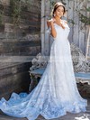 A-line V-neck Sweep Train Lace Wedding Dresses #PDS00023853