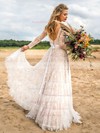Ball Gown V-neck Sweep Train Tulle Appliques Lace Wedding Dresses #PDS00023859