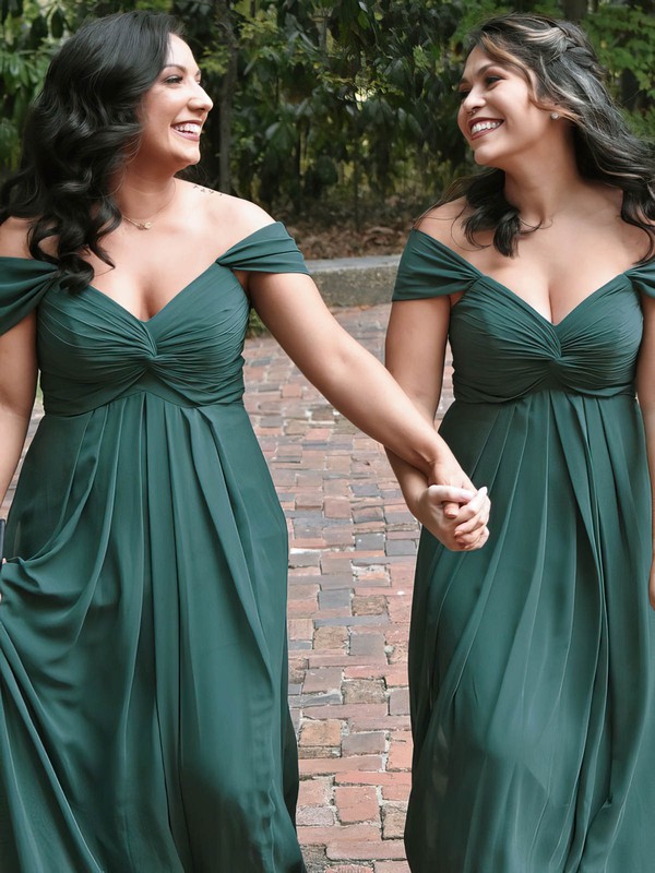 A-line Off-the-shoulder Floor-length Chiffon Ruffles Bridesmaid Dresses #PDS01013763