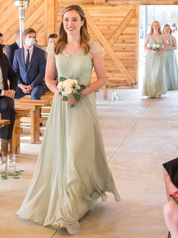 A-line V-neck Floor-length Chiffon Appliques Lace Bridesmaid Dresses #PDS01013774