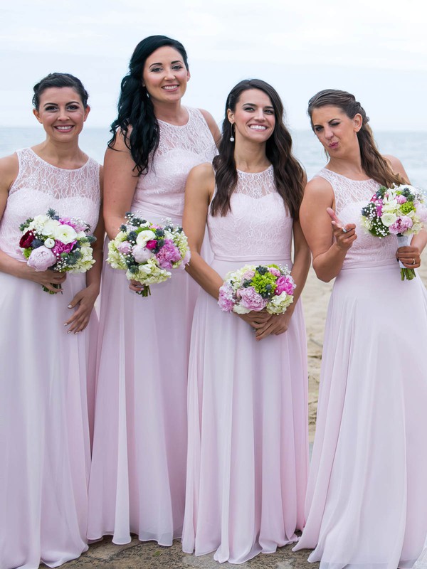A-line Scoop Neck Floor-length Chiffon Appliques Lace Bridesmaid Dresses #PDS01013775