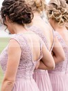 A-line Scoop Neck Floor-length Lace Silk-like Satin Split Front Bridesmaid Dresses #PDS01013789