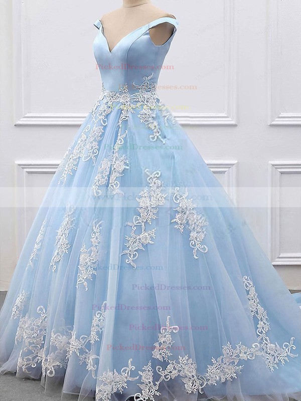 Ball Gown Off-the-shoulder Tulle Sweep Train Appliques Lace Prom Dresses #PDS020106469