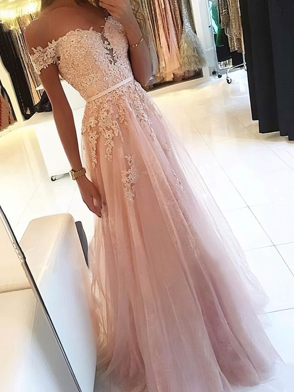 A-line Off-the-shoulder Tulle Floor-length Appliques Lace Prom Dresses #PDS020106470