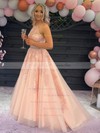 Princess Halter Sweep Train Tulle Beading Prom Dresses #PDS020106641