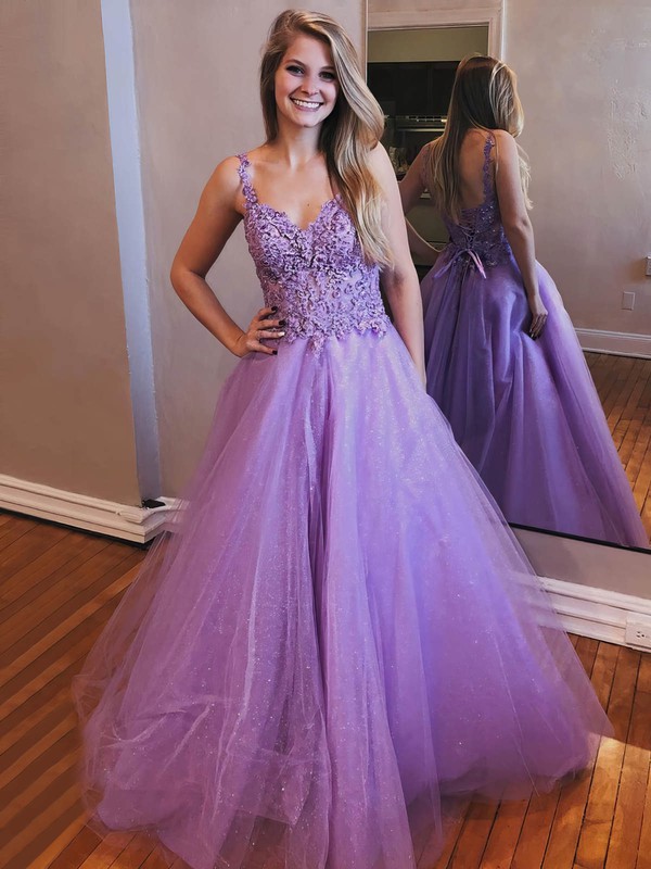 Princess V-neck Floor-length Tulle Beading Prom Dresses #PDS020106658