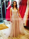 A-line V-neck Sweep Train Tulle Beading Prom Dresses #PDS020106659
