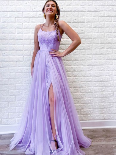 A-line Square Neckline Sweep Train Tulle Beading Prom Dresses #PDS020106682