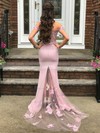 Trumpet/Mermaid Off-the-shoulder Sweep Train Satin Appliques Lace Prom Dresses #PDS020106687