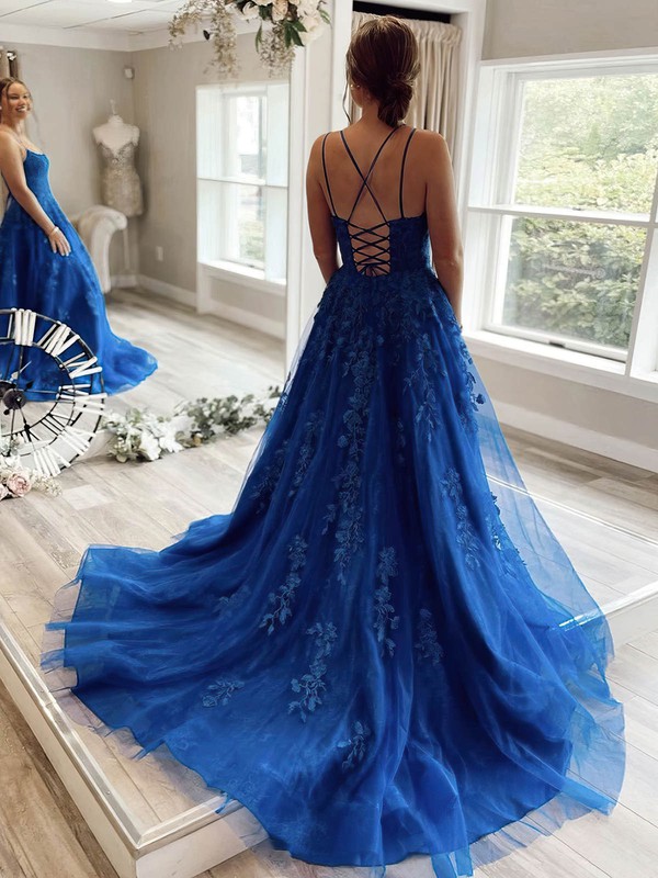 Princess Square Neckline Sweep Train Tulle Appliques Lace Prom Dresses #PDS020106690