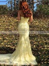 Trumpet/Mermaid Strapless Sweep Train Tulle Appliques Lace Prom Dresses #PDS020106701