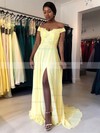 A-line Off-the-shoulder Sweep Train Chiffon Appliques Lace Prom Dresses #PDS020106711