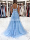 A-line Square Neckline Sweep Train Tulle Appliques Lace Prom Dresses #PDS020106723