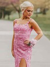 Sheath/Column Square Neckline Sweep Train Tulle Appliques Lace Prom Dresses #PDS020106726
