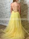 A-line Square Neckline Sweep Train Tulle Appliques Lace Prom Dresses #PDS020106727