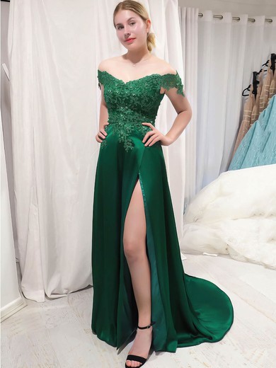A-line Off-the-shoulder Sweep Train Silk-like Satin Beading Prom Dresses #PDS020106730