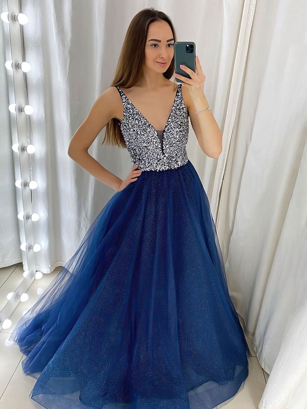 A-line V-neck Floor-length Tulle Glitter Beading Prom Dresses #PDS020106748