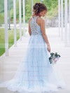 A-line Scoop Neck Sweep Train Tulle Beading Prom Dresses #PDS020106752