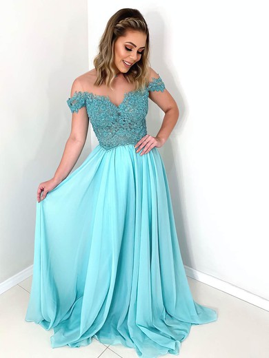 A-line Scoop Neck Sweep Train Chiffon Beading Prom Dresses #PDS020106760