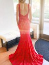 Trumpet/Mermaid V-neck Sweep Train Lace Beading Prom Dresses #PDS020106775