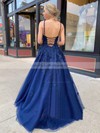 A-line V-neck Sweep Train Tulle Appliques Lace Prom Dresses #PDS020106787