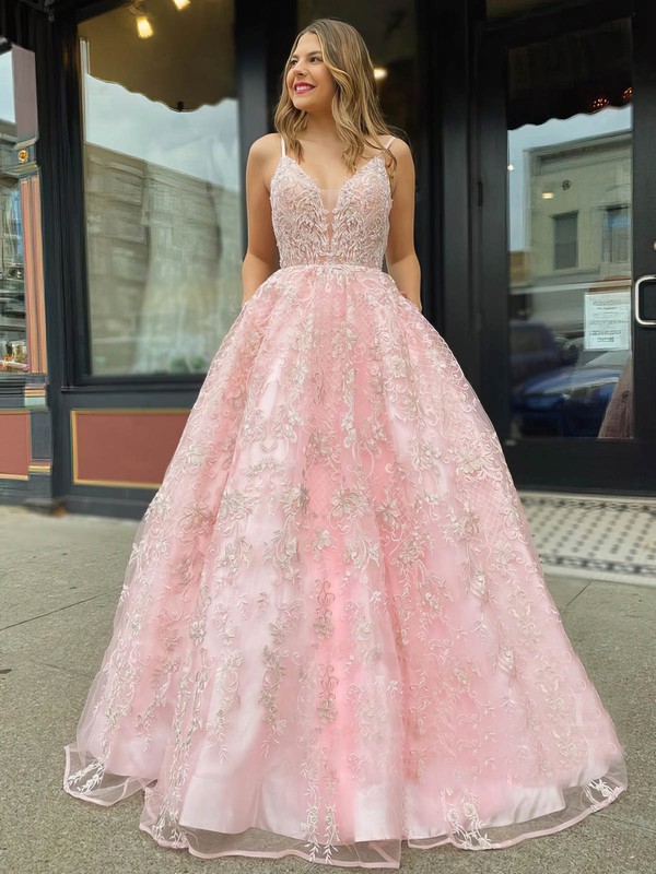 Ball Gown V-neck Floor-length Tulle Lace Prom Dresses #PDS020106791