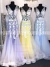 Trumpet/Mermaid V-neck Floor-length Tulle Appliques Lace Prom Dresses #PDS020106798
