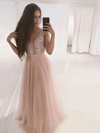 A-line V-neck Sweep Train Tulle Beading Prom Dresses #PDS020106817