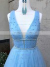 A-line V-neck Floor-length Tulle Beading Prom Dresses #PDS020106828