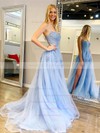 A-line Square Neckline Sweep Train Tulle Appliques Lace Prom Dresses #PDS020106840